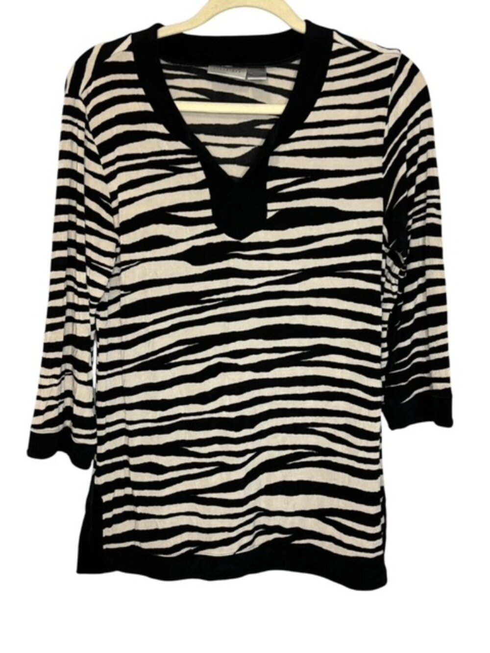 Chico's Blouse Women's Medium Travelers Knit Stripes Zebra Black‎ White Chicos 1